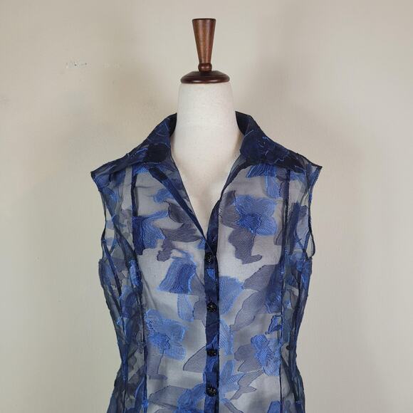 Kay Unger Dress 10 Blue Floral Sheer Button Front Overlay Midi Collared Party - Picture 2 of 9